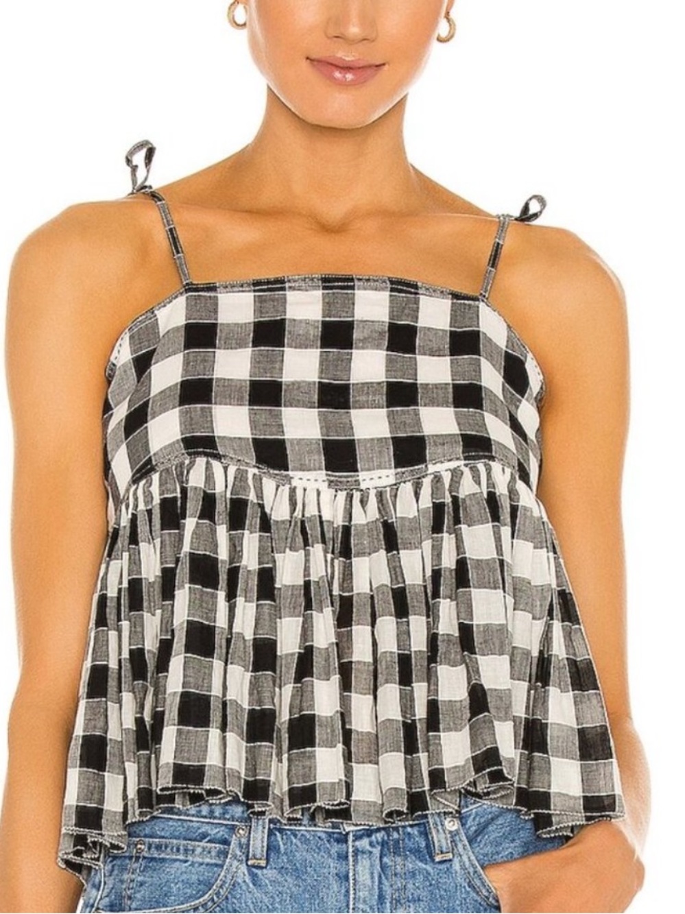 The Great Black & White Gingham Cotton Linen Blend Cami Top Sz 0